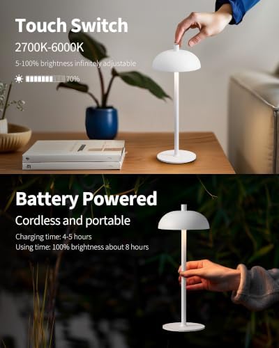 12" Cordless Table Lamps Set of 2, White Modern Portable Desk Lamp