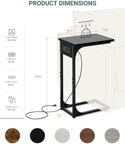 C-Shaped Side Table for Couch - Small Coffee Stand Sofa Tray Desk with Metal Frame Waterproof Scratch Resistant Wood Top and Built-in Charging Station, Black