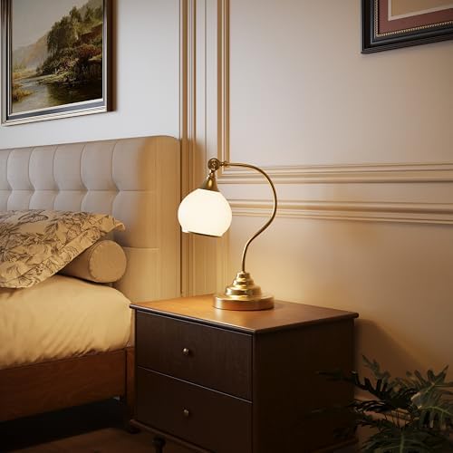 Vintage Cordless Lamp, Gold Desk Lamp, Milky Glass Rechargeable Table Lamp