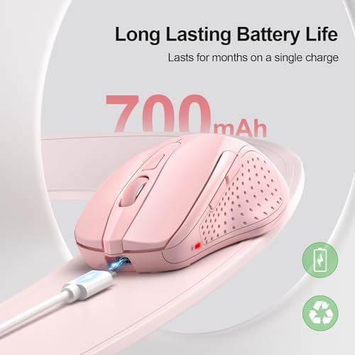 TECKNET Wireless Mouse, BT 5.0/2.4G, Rechargeable 6-DPI Silent, Pink