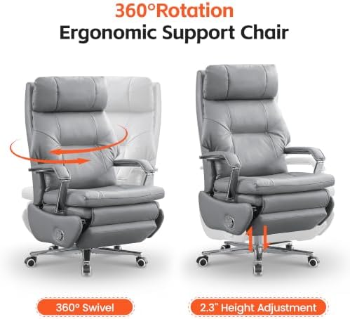 HUBSON 360° Swivel Big and Tall Faux Leather Executive Office Chairs, Grey
