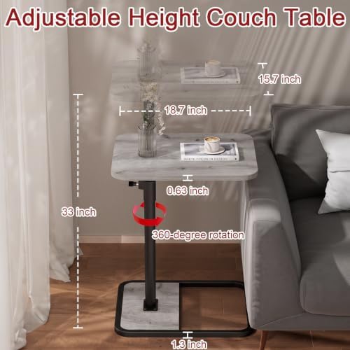 GOYLSER Large C Shaped End Table for Couch, Height Adjustable Living Room Rotating Couch Tray Tables Sofa Table Tv Trays for Bedroom, Swivel Wooden Side Table for Small Space, Grey