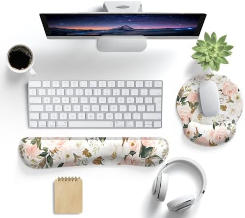 Pink Flower Desktop Mat Aesthetic Wrist Support Keyboard Mouse Wrist Rest Set, Computer Office Comfortable Wrist Rest for Mouse Easy Typing & Pain Relief, Ergonomic Computer Mouse Pad with Pu Base.