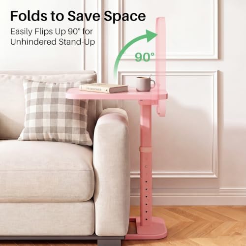 Kitstorack Upgraded TV Tray Table with Panel Lock, 90° Flip-Over Design & Adjustable Height, Sofa Arm Side Table for Eating, Laptop, Couch, Bed, or Small Spaces, Pink
