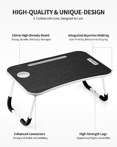 FISYOD Foldable Laptop Table, Portable Lap Desk Bed Table Tray, Laptop Stand with Cup Holder & Tablet Slot & Lifting Handle for Working Writing Drawing & Eating (Black)