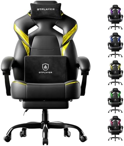 GTPLAYER Big and Tall Gaming Chair for Adults, Ergonomic Office Chair with Footrest, Heavy Duty 350 lbs Capacity, High Back, Premium Leather & Iridescent Trim, ACE-Armor, Black & Yellow Trim