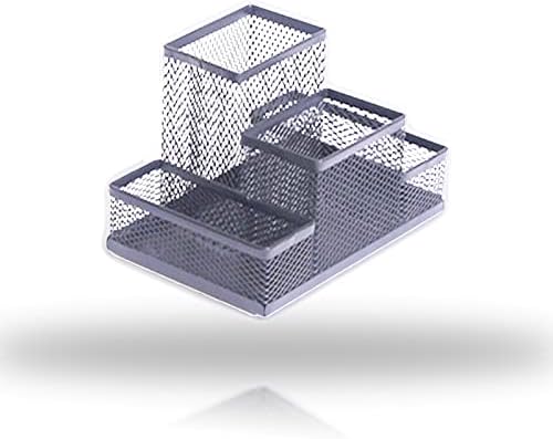 Desk Organizer Desktop Mesh Pen Pencil Holder Caddy with 4 Compartments, Office Home School Classroom Accessories Cool Supplies (Silver)