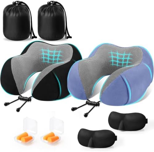 CloudBliss Memory Foam Travel Neck Pillow Airplane, 2 Pack, Black & Blue