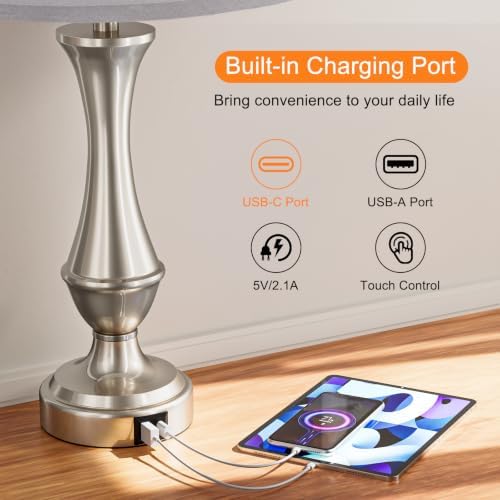 Touch Lamps for Nightstand, 3 Way Dimmable Lamps for Bedroom with USB C+A