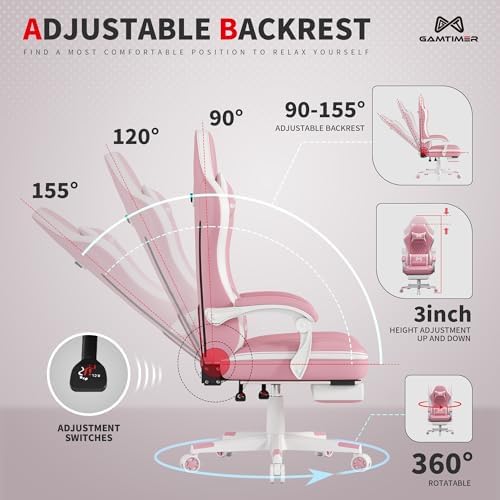 Gamtimer Gaming Chair with Footrest, Ergonomic Computer Chair, PU Breathable Material with Headrest and Lumbar Support, Suitable for Silla Gamer and Adults(Pink)