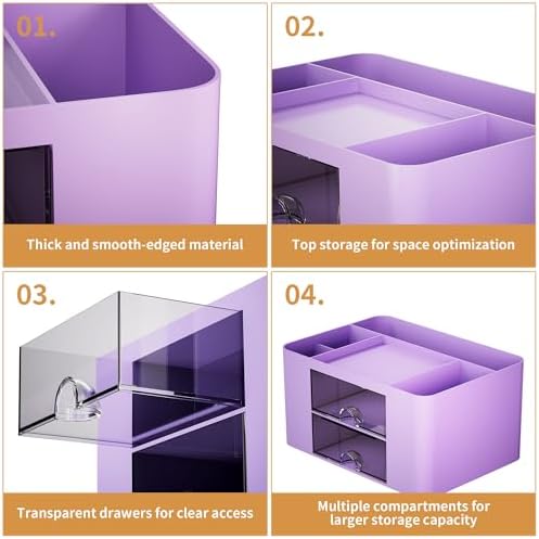 Marbrasse Pen Organizer with 2 Drawer, Multi-Functional Pencil Holder for Desk, Desk Organizers and Accessories with 5 Compartments + Drawer for Office Art Supplies (Purple)