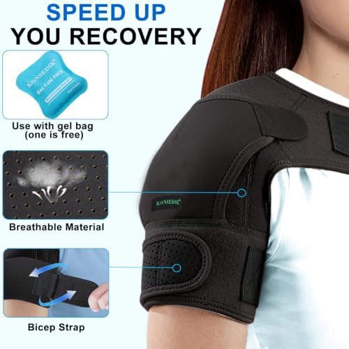 KONSEDIK Shoulder Brace Immobilizer with Ice Pack,Compression Rotator Cuff Support for AC Joint Pain Relief,Frozen Shoulder,Dislocation,Labrum Tear,Adjustable Wrap for Men&Women Left/Right(Black,Large)