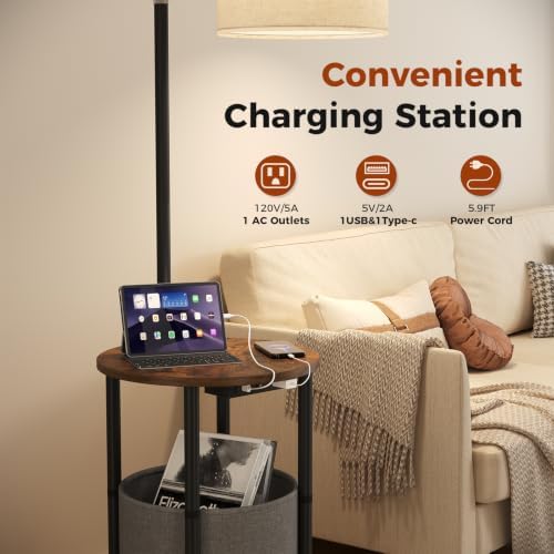 Floor Lamp with Table,Nightstand with Charging Station Living Room