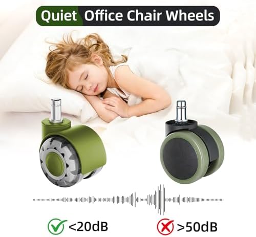 2 Inch Office Chair Wheels, 7/16" Universal Stem, Green, 5 Pack