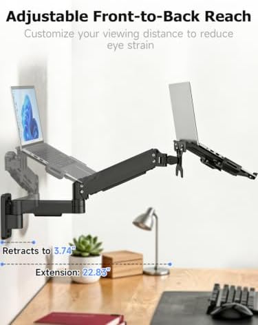 suptek Single Monitor Wall Mount with Laptop Tray for 13 to 18 Inch, Gas Spring Monitor Arm Wall Mount Holds Up to 11KG/24lbs, Full Motion Adjustable,VESA Mount 75x75/100x100mm
