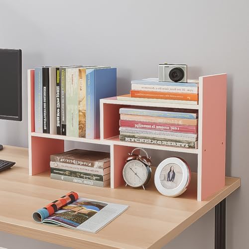 Desktop Shelf Organizer, Adjustable Wood Office Storage Rack, Counter Display Small Bookshelf for Home/Office/School(Pink)