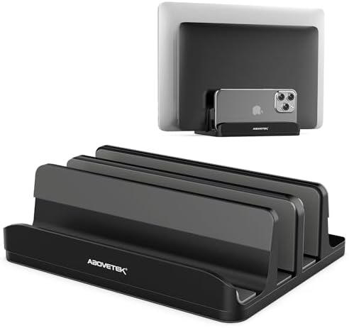 AboveTEK Vertical Laptop Stand Holder, 3 Slots Aluminum Desk Stand with Adjustable Dock Size for Tablet, MacBook, Phone - Universal Fit (up to 17.3") - Heavy Duty Polished, Anti Slide - Black