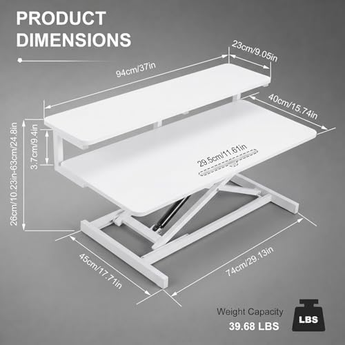37 Inch Standing Desk Converter, 10.23-24.8 inches Adjustable Height Standing Desk Riser, Sit to Stand Up Duals Monitor Riser Workstation, for Home Office Laptop - White
