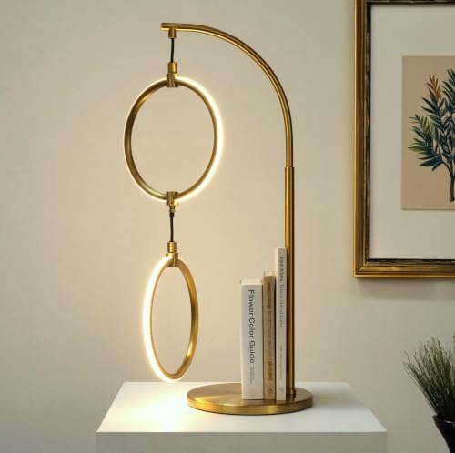 Brightech 2 Ring Lamp - 24" Dimmable LED Table Lamp with 2 Hanging Light Rings, Modern Arc Desk and Bedside Nightstand Lamp with USB-C Charging Port, 12W Warm White LED, Gold Brass
