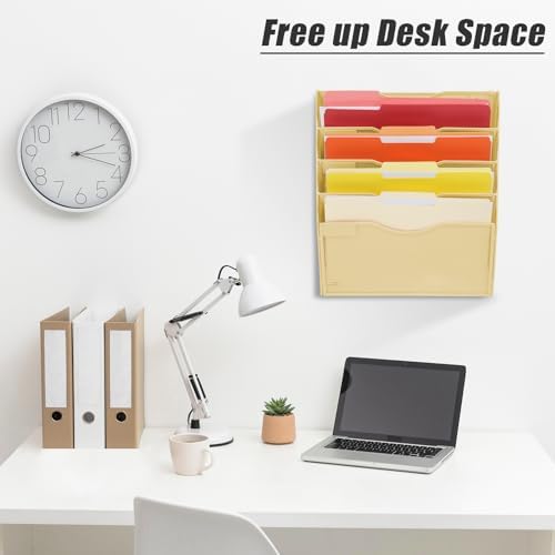 EASEPRES 5 Pocket Mesh Hanging Wall File Organizer, Wall Mounted Mail Paper Document Folder Holder, Clipboard Storage Organization Magazine Rack with Nametag Label for Office Home School, Gold