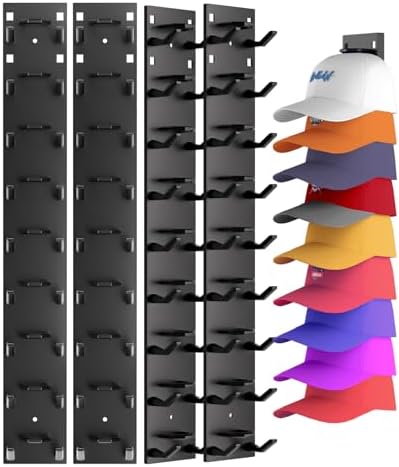4 Pack Hat Organizer for Baseball Caps, Strong Adhesive Hat Rack for Wall, Multilayer Hat Storage Display Holder for Door Closet, Cap Organizer Storage Wall Mounted Hat Hooks Hold up to 36 Hat (Black)