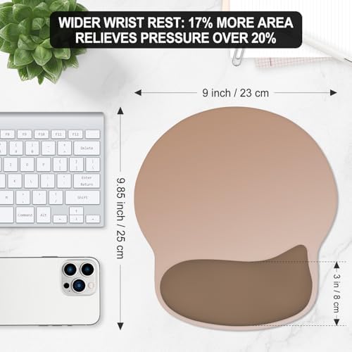 ITNRSIIET Ergonomic Mouse Pad with Wider Memory Foam Wrist Rest +17% - Curved Cushion Reduces Pressure 20%, Pain Relief, Non-Slip, Smooth, Cute Colors, 9.85 x 9 in, Soft Brown