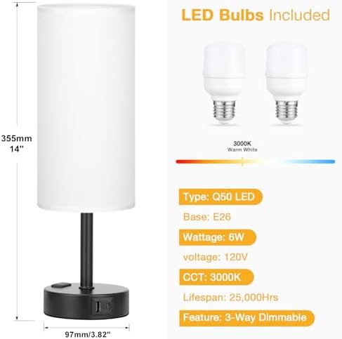 Touch Bedside Table Lamps Set of 2 - Bedroom Lamp with USB A+C, AC Outlet