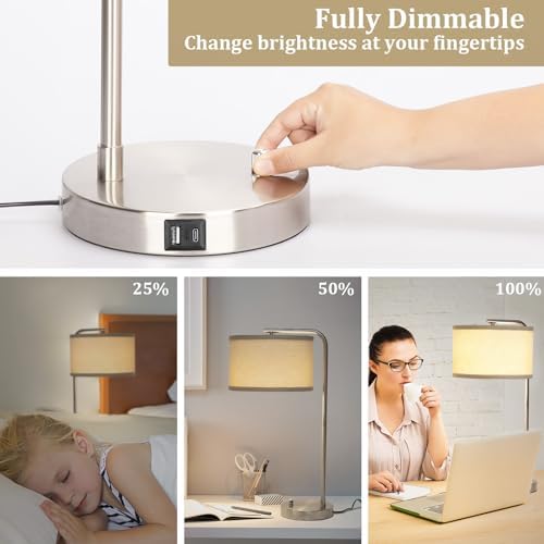 25" Tall Modern Bedside Lamp with USB C+A Ports, Fully Dimmable Table Lamp