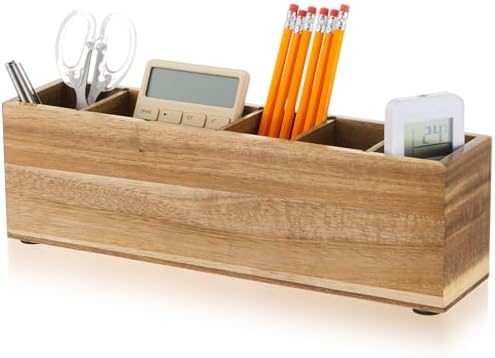 Jetec Wooden Pencil Pen Holder for Desk, Acacia Wood, 6 Compartments