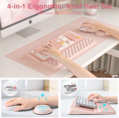 Ospelelf Keyboard Stand Wrist Rest Pad and Ergonomic Mouse Pad Set with Large Mousepad Desk Mat, Memory Foam Comfort, Premium Office Desk Accessories for Pain Relief and Efficiency, Pink