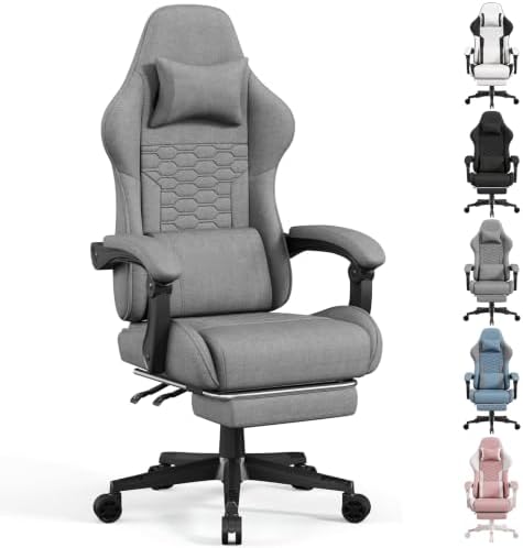 LUCKRACER Gaming Chair with Footrest and Pocket Spring Cushion, 90°-155° Reclining Ergonomic Computer Chair, 4" Height Adjustable, Lumbar Support, SGS Class 3 Gas Lift, Grey