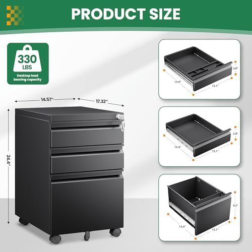 3 Drawer Mobile File Cabinet with Lock,Under Desk Rolling File Cabinet for Home Office Fits Legal/Letter/A4 File (Unassembled,Black)