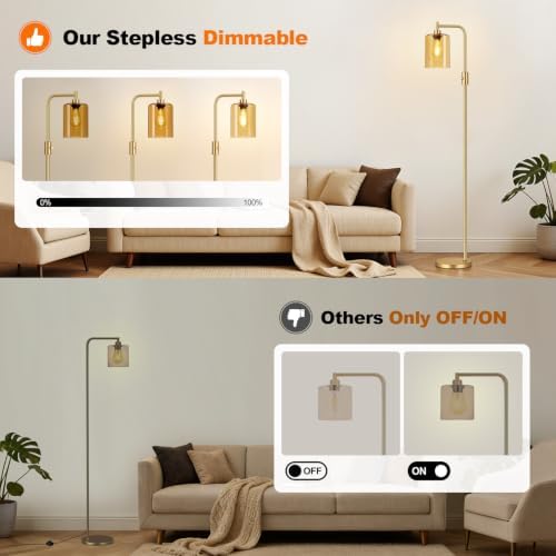 【Upgraded】 Dimmable Floor Lamp for Living Room with Amber Glass Lampshade, Gold Modern Glass Floor Lamp with 900LM LED Bulb Included, Arc Standing Tall Lamp for Bedroom, Office, Reading Room, Corner