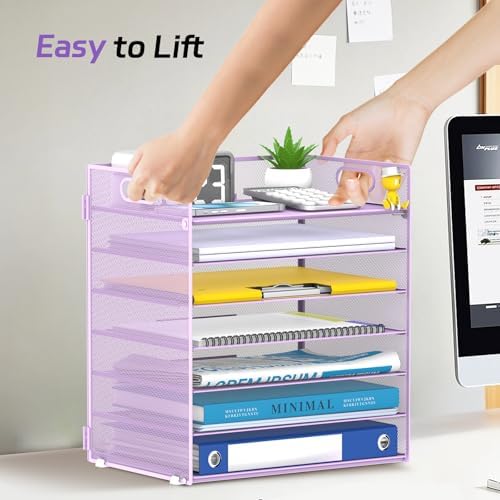 7 Tier Paper Organizer for Desk with Mesh Letter Trays and Handle Purple
