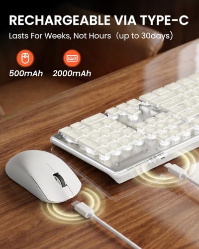 Wireless Keyboard and Mouse Combo, White Backlit, Rechargeable - White