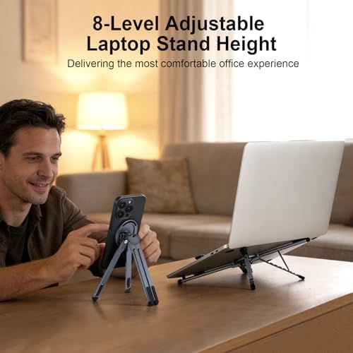 3-in-1 Portable Laptop Stand with Magnetic Phone Holder, Silver