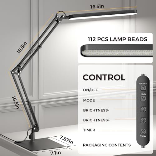 SKYLEO LED Desk Lamp with Slim Base - Adjustable Swing Arm Desk Light, Dimmable, Timer, Eye Protection, Memory Function, 1300LM, 12W, Black