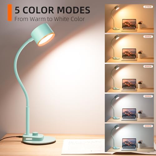 LiFMIRA Desk Lamp, Bedside Reading Lamp with USB C + A Charging Ports Teal