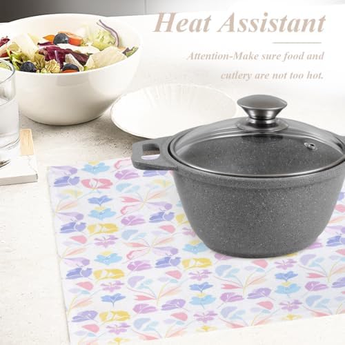 Shrahala Pastel Seamless Floral Set of 4 12 X 18 Inch Linen Placemats, Abstract Geometric Blossom Burlap Table Mat Washable Double Layered Heat Insulation for Indoor