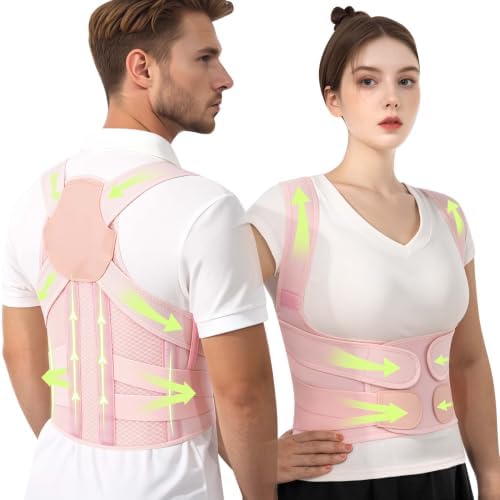 Posture Corrector for Women and Men Upper Back Brace Straightener Support Rounded Shoulder Adjustable Straps Breathable Mesh Office Work Computer Use Desk Job Studying Daily Wear (Pink L)