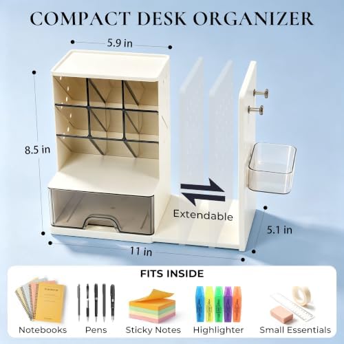 Desk Organizer with Drawer, Pen Holder with Slanted Pen Grooves White