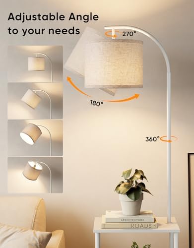 PARTPHONER Floor Lamp with Table, Night Stand with Lamp, Narrow Side Table with 3CCT LED Bulb, Small Coffee Table, Modern End Table with Storage Shelves for Living Room Bedroom Home Décor, White