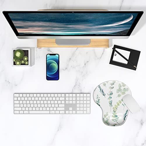 ITNRSIIET Ergonomic Mouse Pad with Gel Wrist Support Wrist Rest Smooth Surface Non-Slip PU Base Comfortable Office Supplies Pain Relief, 9.5 x 8 inches, Eucalyptus Branches