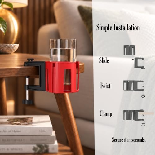 Original Large Desk Cup Holder Clamp, Heavy Duty Plastic Drink Holder Red