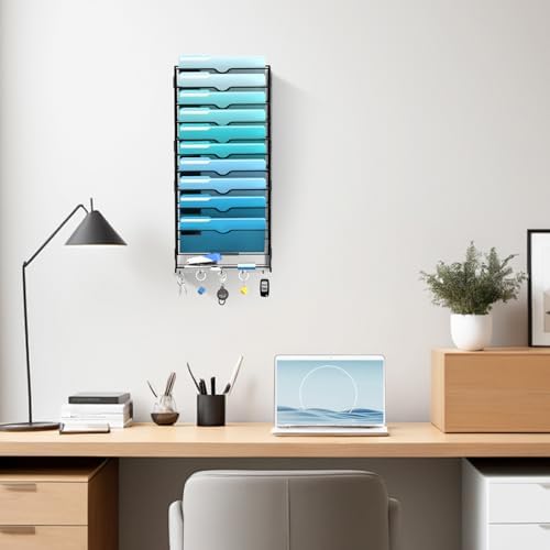 11-Tier Wall File Organizer and Mail Organizer with 5 Hooks, Black