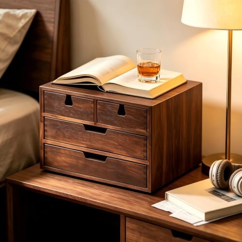 DEAYOU Bamboo Desk Organizer, 100% Natural Bamboo Desktop Drawer Organizer, Dark Brown Tabletop Storage Cabinet Organization Box with 4 Drawer for Makeup, Letter, Home, 3 Layer, Fully Assemble