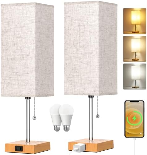 18'' Table Lamp for Bedroom set of 2,3-Color Bedside Lamps with Pull Chain