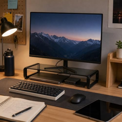 Monitor Stand Riser Smoke Gray Glass Top, Keyboard Storage