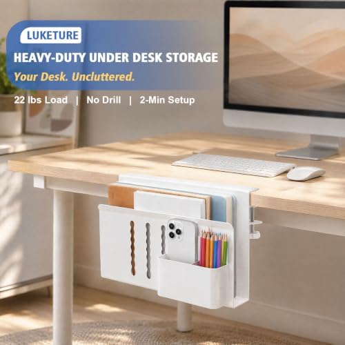 LUKETURE Desk Side Storage, No Drill Laptop Mount with Pen Holder, Clamp-On