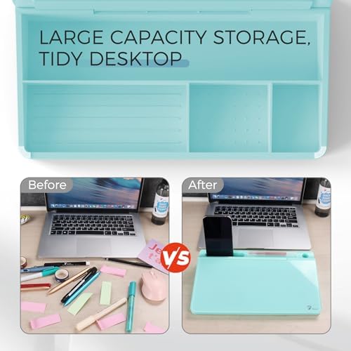 TOWON Compact Glass Desktop Whiteboard with Storage 12x7 in, Teal Blue